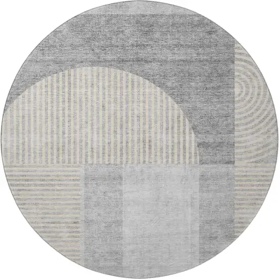 8' Silver And Gray Geometric Washable Round Rug With UV Protection Photo 2