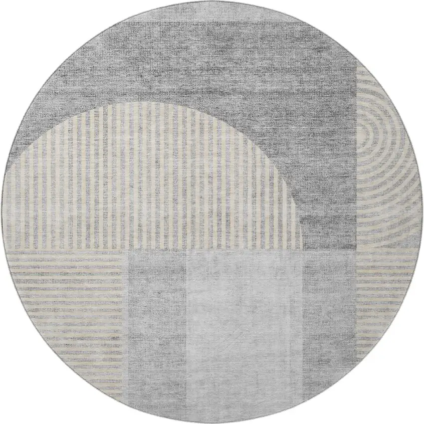 8' Silver And Gray Geometric Washable Round Rug With UV Protection Photo 2