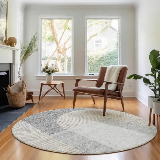 8' Silver And Gray Geometric Washable Round Rug With UV Protection Photo 3