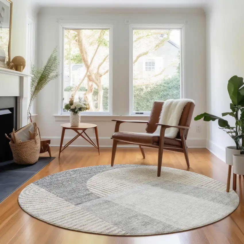 8' Silver And Gray Geometric Washable Round Rug With UV Protection Photo 3