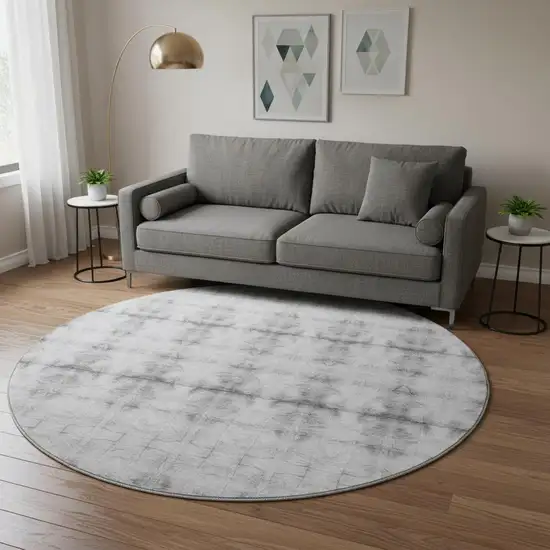 8' Silver And Gray Geometric Washable Round Rug With UV Protection Photo 2