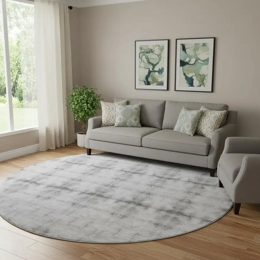 8' Silver And Gray Geometric Washable Round Rug With UV Protection Photo 1