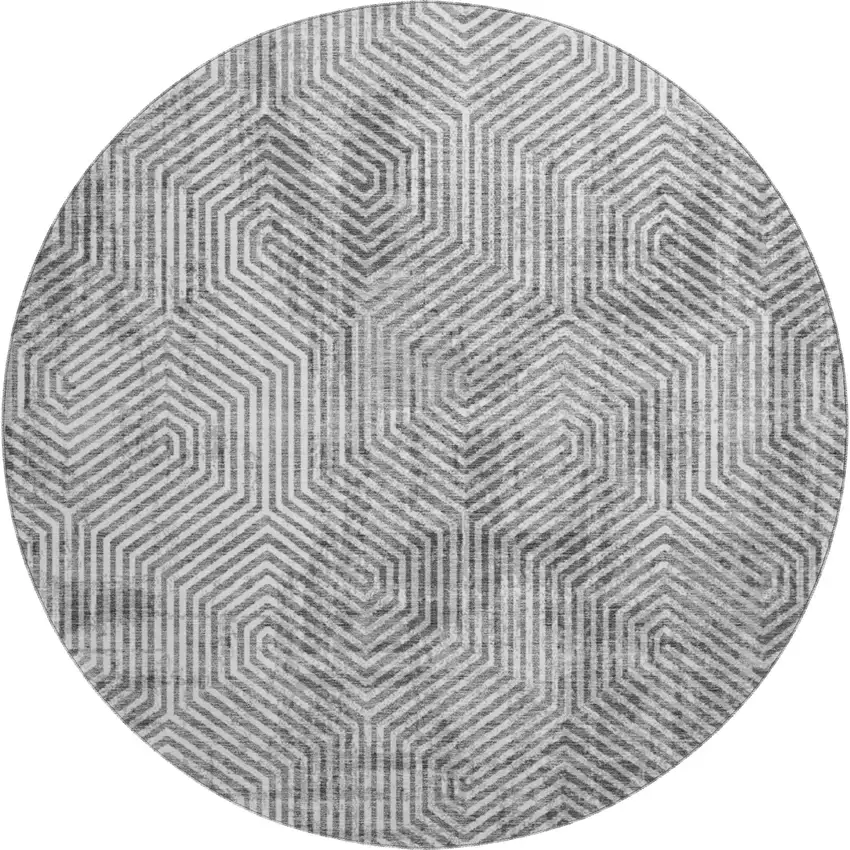 8' Silver And Gray Geometric Washable Round Rug With UV Protection Photo 1