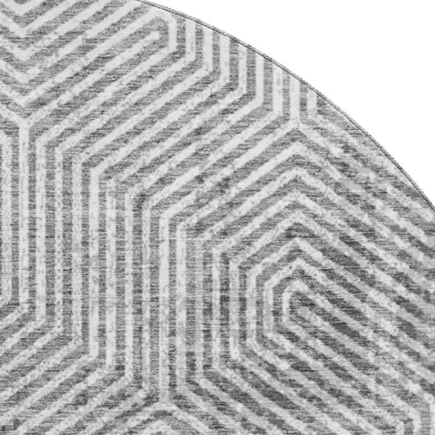 8' Silver And Gray Geometric Washable Round Rug With UV Protection Photo 3