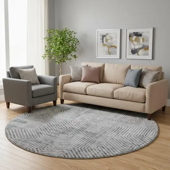 8' Silver And Gray Geometric Washable Round Rug With UV Protection Photo 1