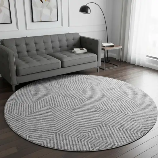 8' Silver And Gray Geometric Washable Round Rug With UV Protection Photo 2