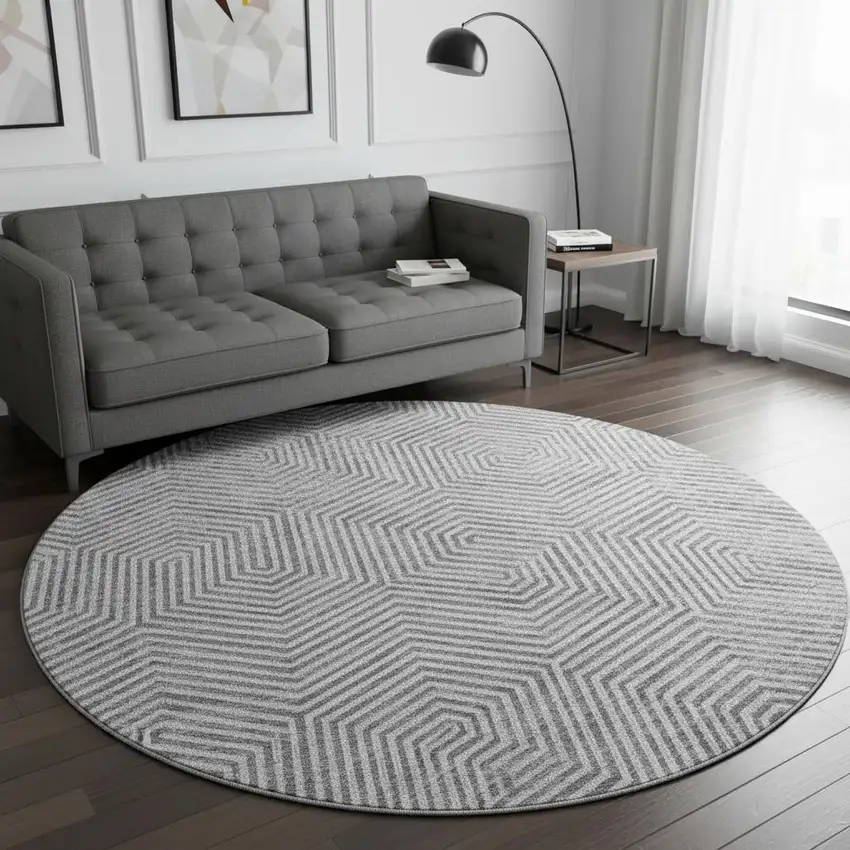 8' Silver And Gray Geometric Washable Round Rug With UV Protection Photo 2