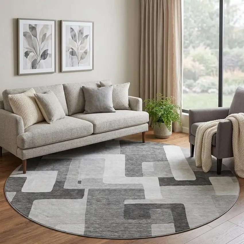 8' Silver And Gray Geometric Washable Round Rug With UV Protection Photo 1