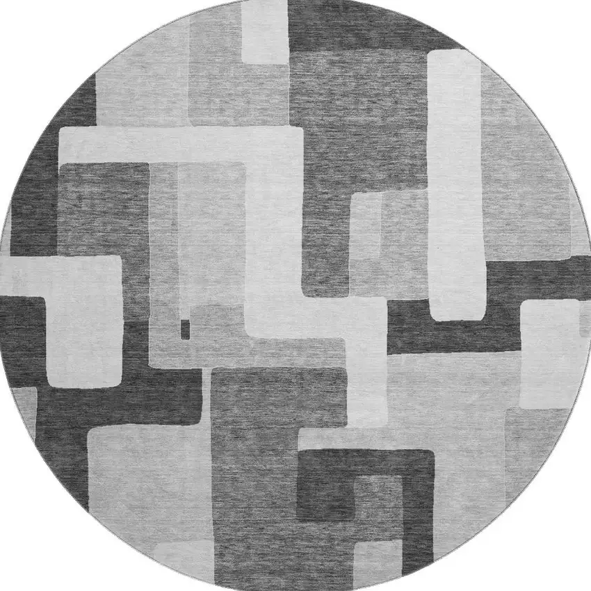 8' Silver And Gray Geometric Washable Round Rug With UV Protection Photo 3