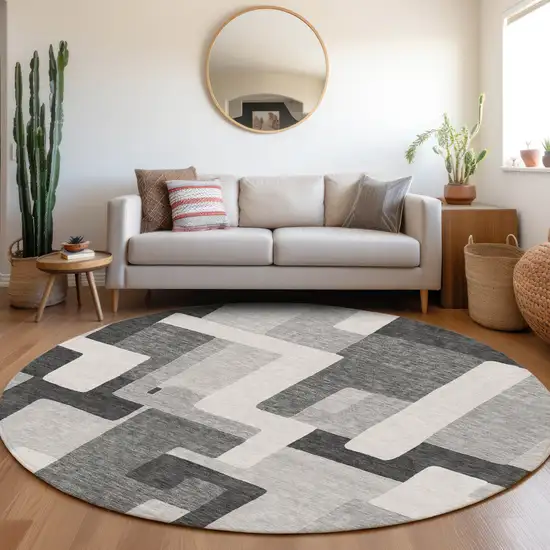 8' Silver And Gray Geometric Washable Round Rug With UV Protection Photo 4