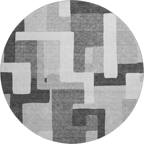 8' Silver And Gray Geometric Washable Round Rug With UV Protection Photo 1