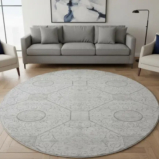 8' Silver And Gray Geometric Washable Round Rug With UV Protection Photo 2