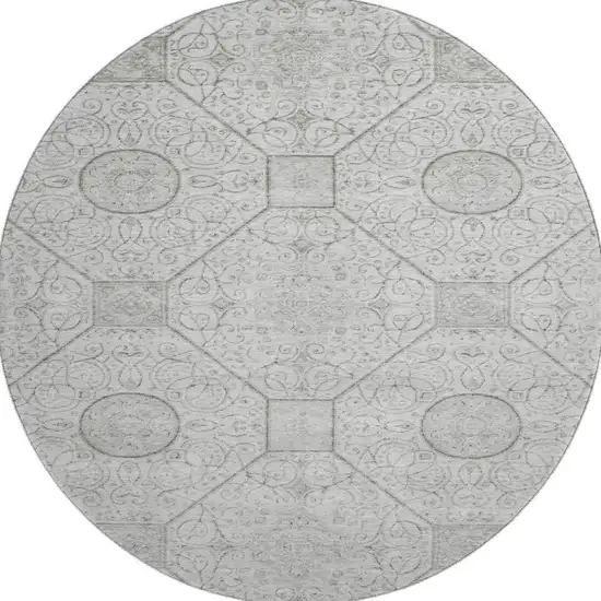 8' Silver And Gray Geometric Washable Round Rug With UV Protection Photo 3