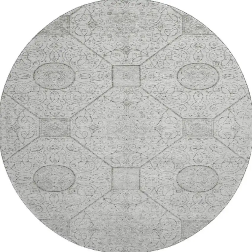 8' Silver And Gray Geometric Washable Round Rug With UV Protection Photo 3