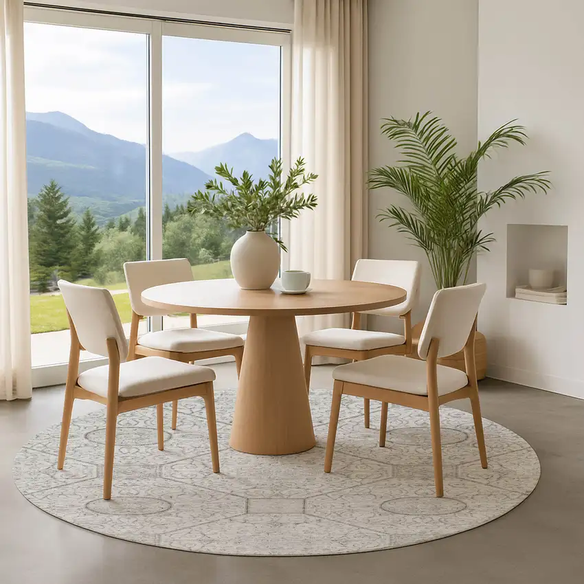 8' Silver And Gray Geometric Washable Round Rug With UV Protection Photo 4