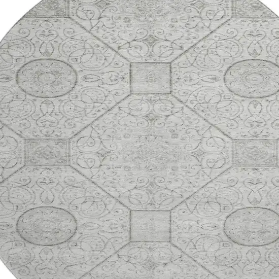 8' Silver And Gray Geometric Washable Round Rug With UV Protection Photo 2