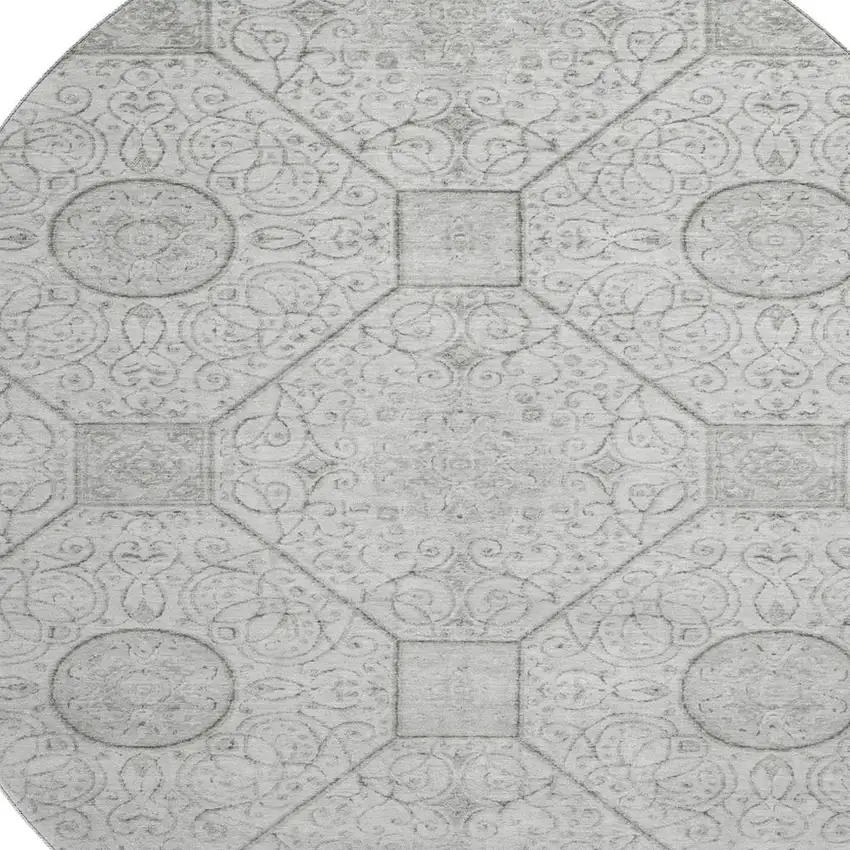 8' Silver And Gray Geometric Washable Round Rug With UV Protection Photo 2