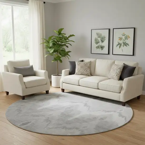 8' Silver And Gray Ikat Washable Round Rug With UV Protection Photo 1