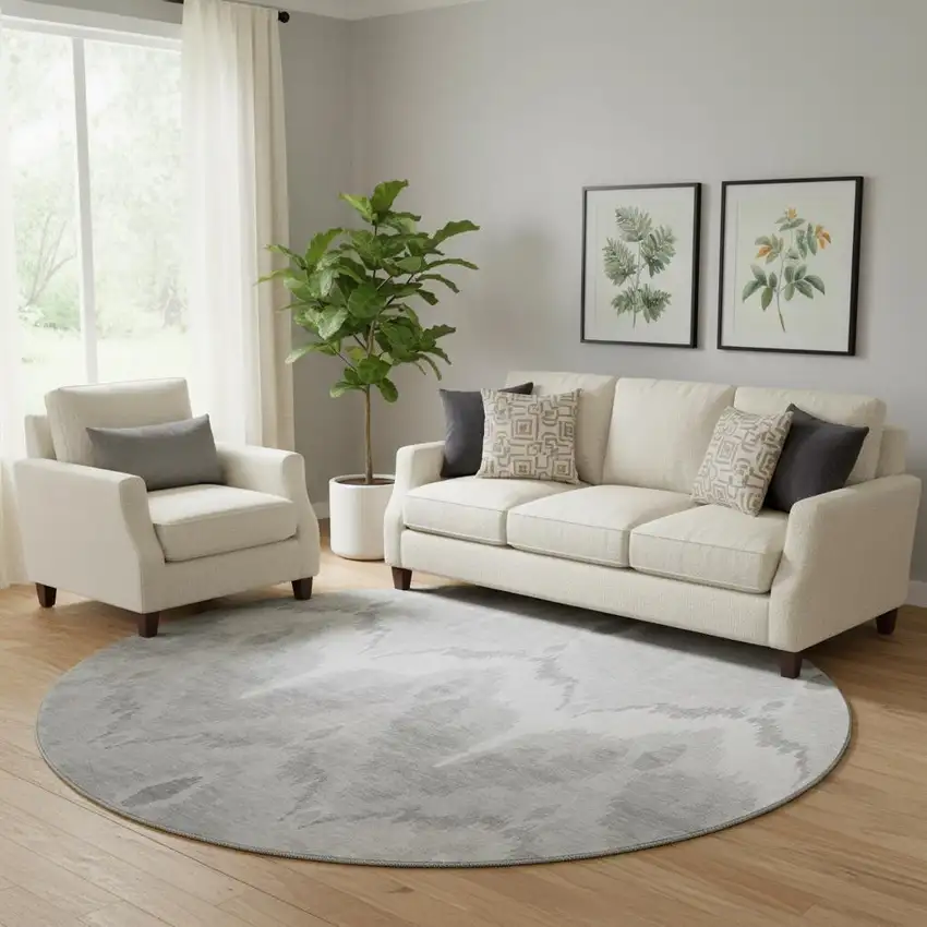 8' Silver And Gray Ikat Washable Round Rug With UV Protection Photo 1