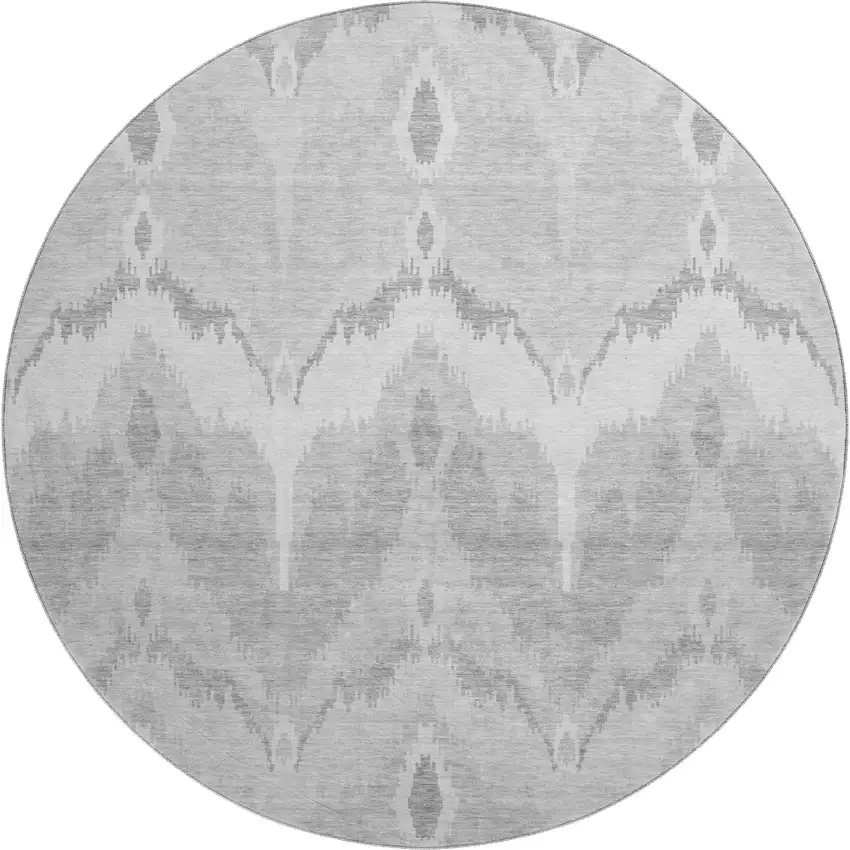 8' Silver And Gray Ikat Washable Round Rug With UV Protection Photo 1