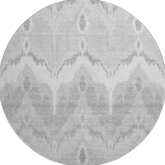 8' Silver And Gray Ikat Washable Round Rug With UV Protection Photo 4