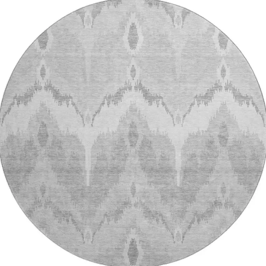 8' Silver And Gray Ikat Washable Round Rug With UV Protection Photo 4