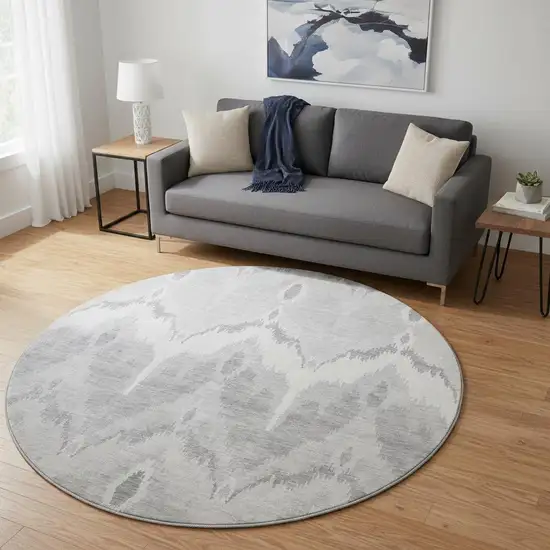 8' Silver And Gray Ikat Washable Round Rug With UV Protection Photo 2