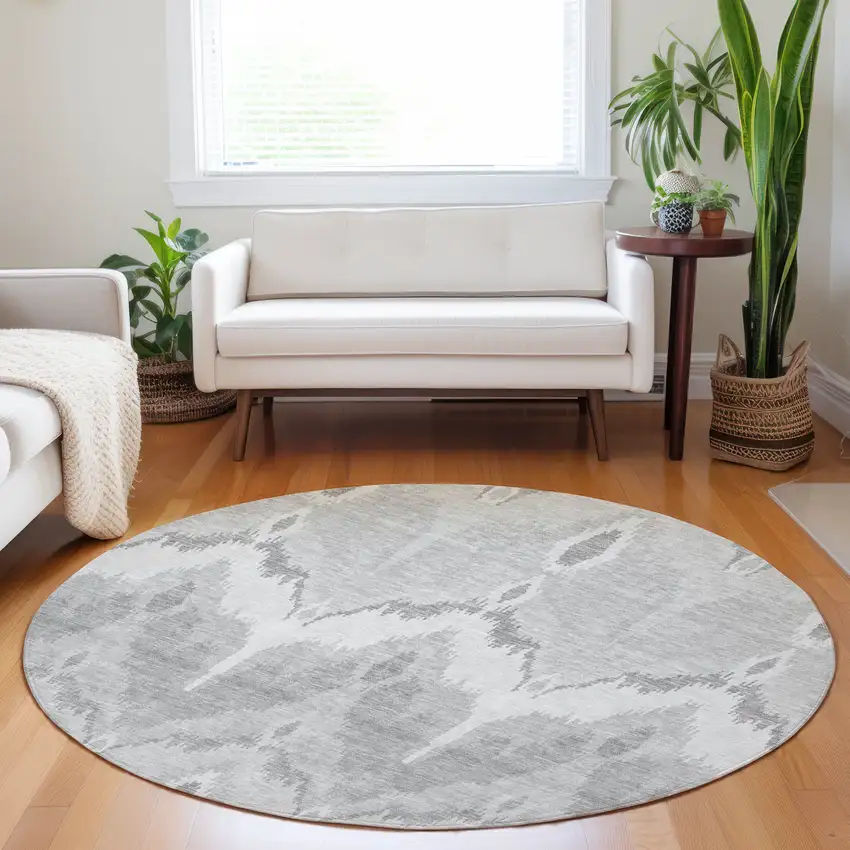 8' Silver And Gray Ikat Washable Round Rug With UV Protection Photo 5