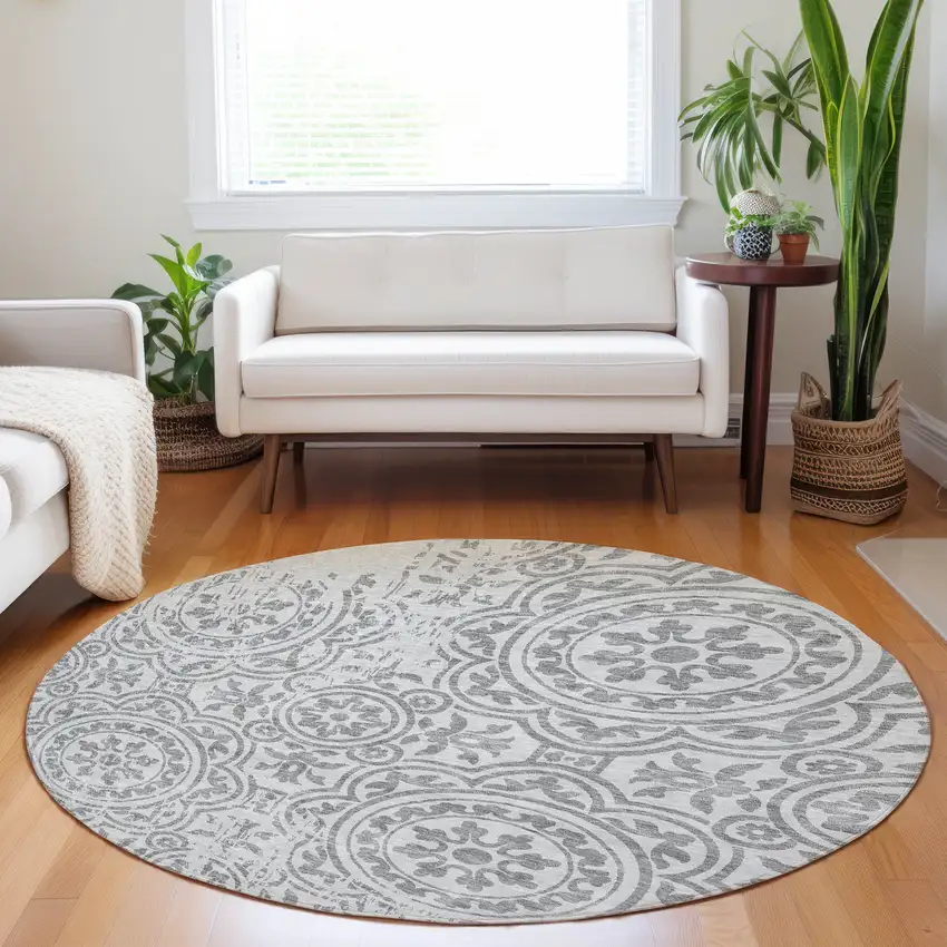 8' Silver And Gray Medallion Washable Round Rug With UV Protection Photo 5