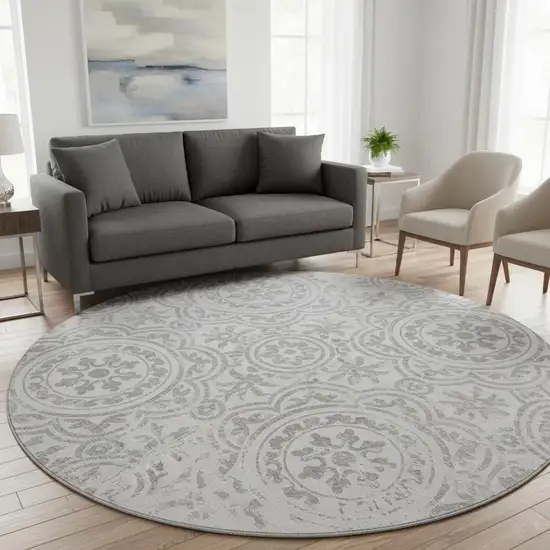 8' Silver And Gray Medallion Washable Round Rug With UV Protection Photo 2