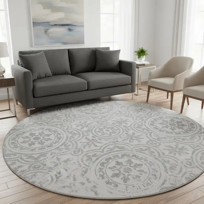 8' Silver And Gray Medallion Washable Round Rug With UV Protection Photo 2