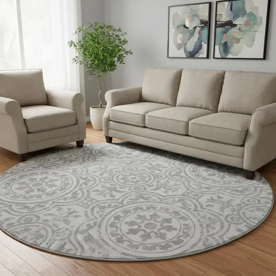 8' Silver And Gray Medallion Washable Round Rug With UV Protection Photo 1