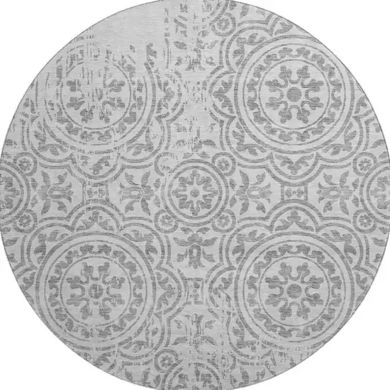 8' Silver And Gray Medallion Washable Round Rug With UV Protection Photo 4