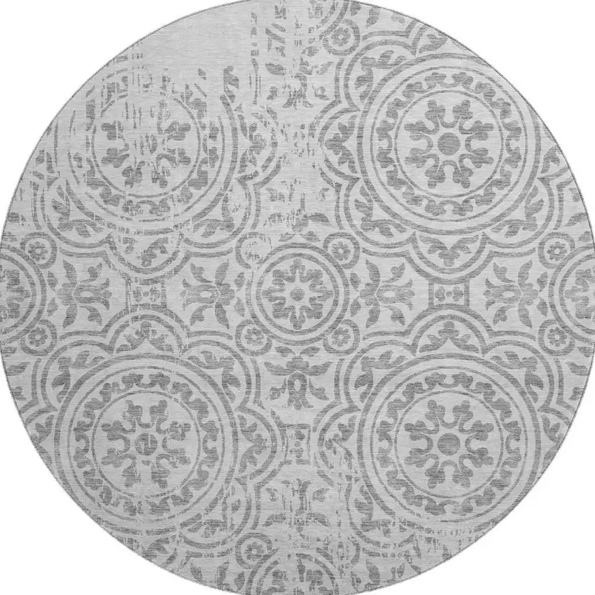 8' Silver And Gray Medallion Washable Round Rug With UV Protection Photo 4