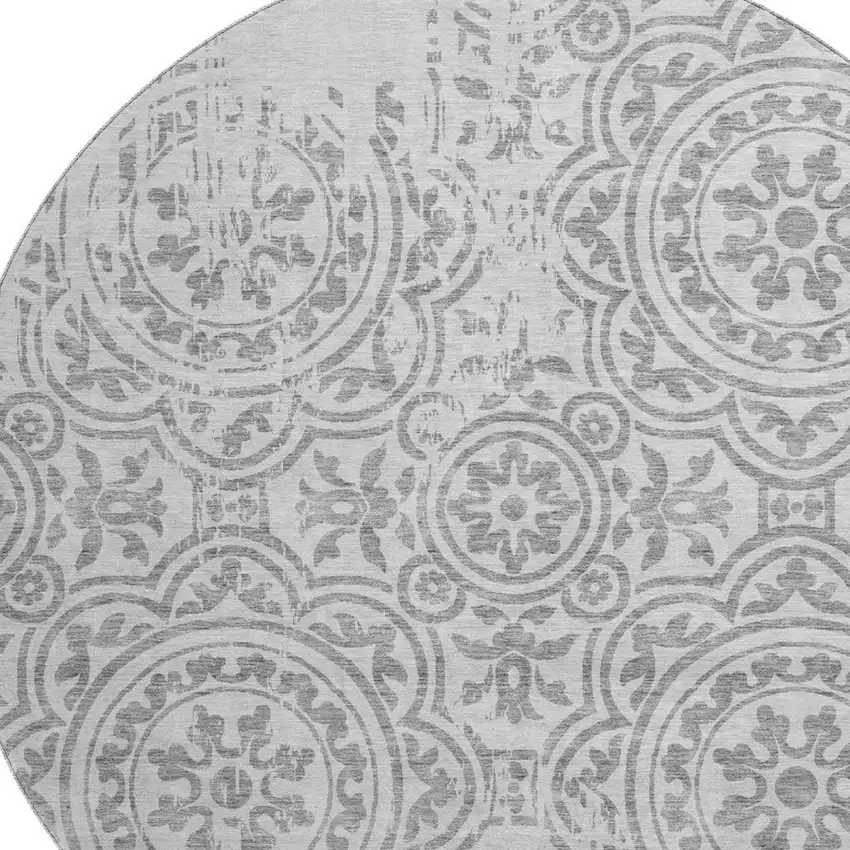 8' Silver And Gray Medallion Washable Round Rug With UV Protection Photo 3