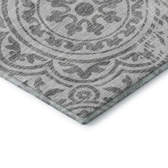 8' Silver And Gray Medallion Washable Round Rug With UV Protection Photo 7