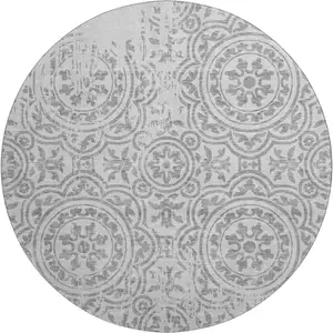Photo of 8' Silver And Gray Medallion Washable Round Rug With UV Protection