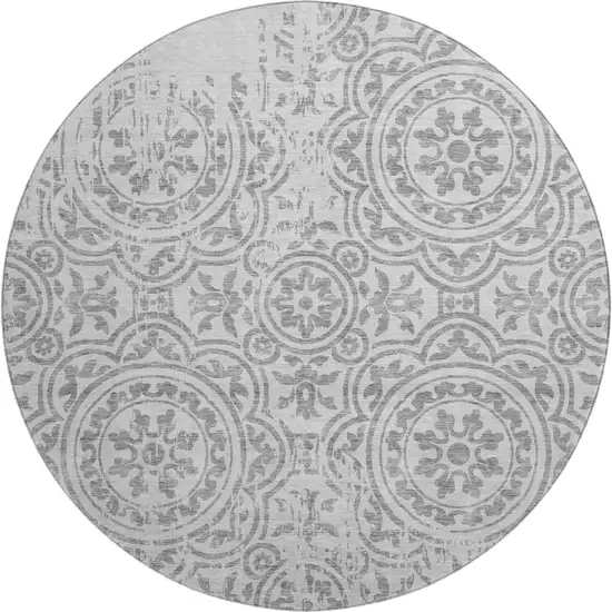 8' Silver And Gray Medallion Washable Round Rug With UV Protection Photo 1