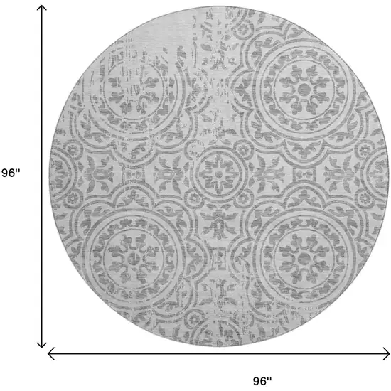 8' Silver And Gray Medallion Washable Round Rug With UV Protection Photo 3
