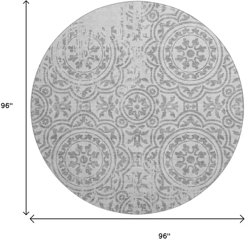 8' Silver And Gray Medallion Washable Round Rug With UV Protection Photo 3