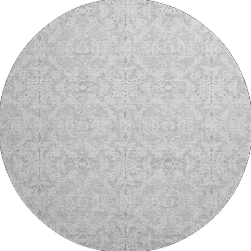 8' Silver And Gray Medallion Washable Round Rug With UV Protection Photo 3