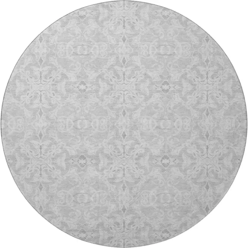8' Silver And Gray Medallion Washable Round Rug With UV Protection Photo 4