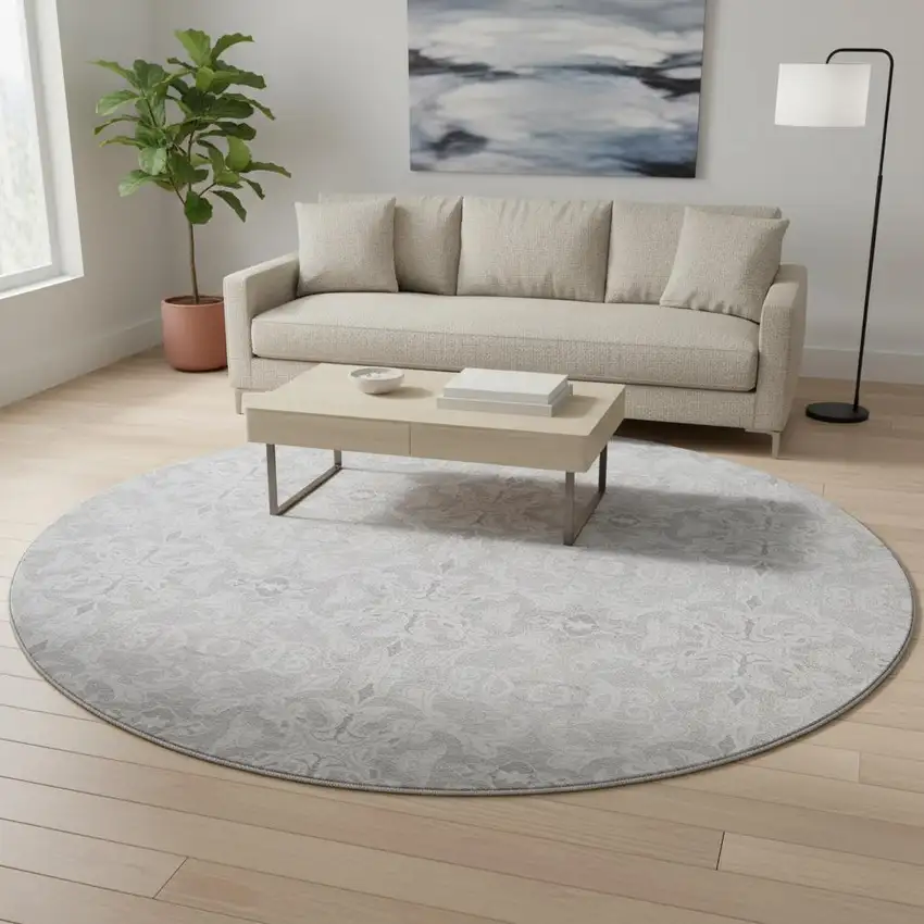 8' Silver And Gray Medallion Washable Round Rug With UV Protection Photo 2