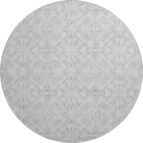 8' Silver And Gray Medallion Washable Round Rug With UV Protection Photo 1
