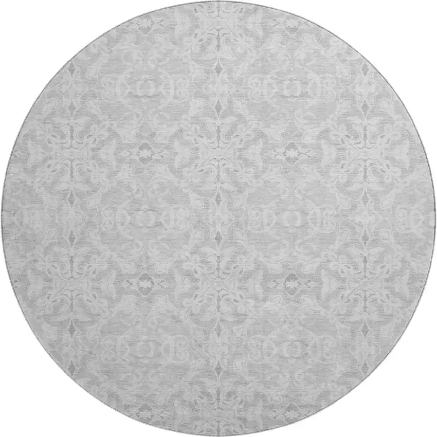 8' Silver And Gray Medallion Washable Round Rug With UV Protection Photo 1
