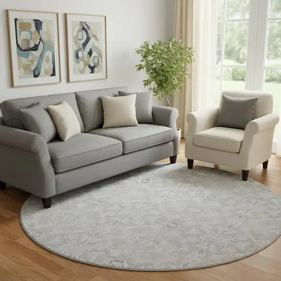 8' Silver And Gray Medallion Washable Round Rug With UV Protection Photo 1