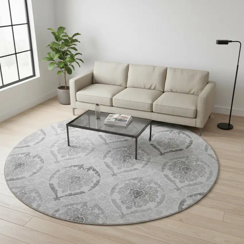 8' Silver And Gray Medallion Washable Round Rug With UV Protection Photo 2