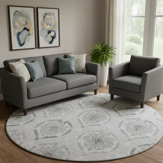 8' Silver And Gray Medallion Washable Round Rug With UV Protection Photo 1
