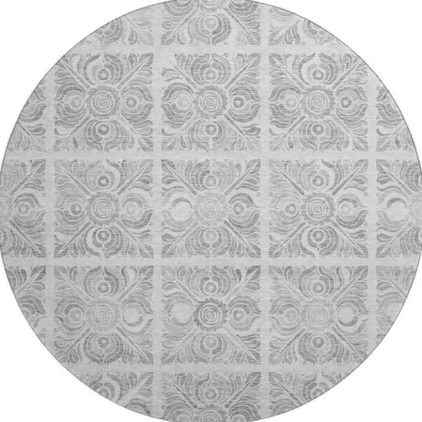 8' Silver And Gray Medallion Washable Round Rug With UV Protection Photo 3