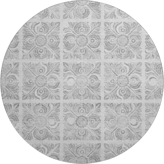 8' Silver And Gray Medallion Washable Round Rug With UV Protection Photo 1